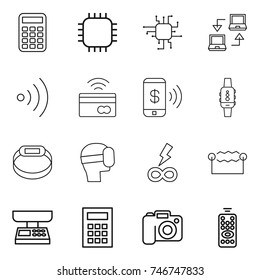 thin line icon set : calculator, chip, notebook connect, wireless, tap to pay, phone, smart watch, bracelet, virtual mask, infinity power, electrostatic, market scales, camera, remote control
