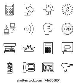 thin line icon set : calculator, touch, chip, lightning, notebook connect, wireless, virtual mask, crypto currency, market scales, atm, remote control, intercome, tv, hair dryer