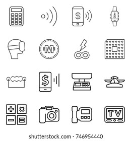 thin line icon set : calculator, wireless, phone pay, smart watch, virtual mask, crypto currency, infinity power, cpu, electrostatic, mobile, market scales, camera, intercome, tv