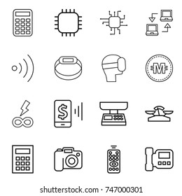 thin line icon set : calculator, chip, notebook connect, wireless, smart bracelet, virtual mask, crypto currency, infinity power, mobile pay, market scales, camera, remote control, intercome