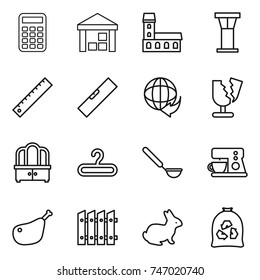 thin line icon set : calculator, warehouse, mansion, airport tower, ruler, level, delivery, broken, dresser, hanger, ladle, coffee maker, chicken leg, fence, rabbit, garbage bag
