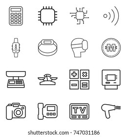 thin line icon set : calculator, chip, wireless, smart watch, bracelet, virtual mask, crypto currency, market scales, atm, camera, intercome, tv, hair dryer