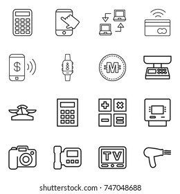 thin line icon set : calculator, touch, notebook connect, tap to pay, phone, smart watch, crypto currency, market scales, atm, camera, intercome, tv, hair dryer