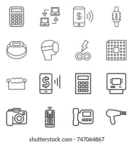 thin line icon set : calculator, notebook connect, phone pay, smart watch, bracelet, virtual mask, infinity power, cpu, electrostatic, mobile, atm, camera, remote control, intercome, hair dryer