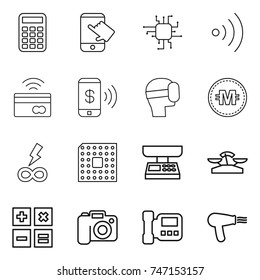 thin line icon set : calculator, touch, chip, wireless, tap to pay, phone, virtual mask, crypto currency, infinity power, cpu, market scales, camera, intercome, hair dryer