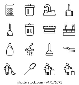 thin line icon set : calculator, bin, water tap, scoop, broom, trash, sponge, skysrcapers cleaning, cleanser, vacuum cleaner, plunger, brush, brooming, duster, garbage