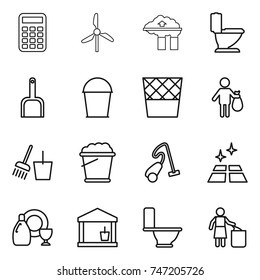 thin line icon set : calculator, windmill, factory filter, toilet, scoop, bucket, trash bin, and broom, foam, vacuum cleaner, clean floor, dish cleanser, utility room, garbage