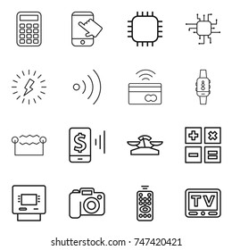 thin line icon set : calculator, touch, chip, lightning, wireless, tap to pay, smart watch, electrostatic, mobile, scales, atm, camera, remote control, tv
