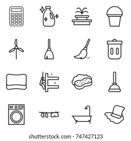 thin line icon set : calculator, cleanser, fountain, bucket, windmill, broom, trash bin, sponge, skyscrapers cleaning, with foam, plunger, washing machine, drying clothe, bath, floor