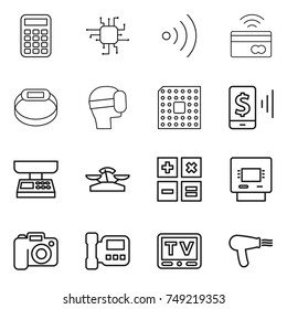 thin line icon set : calculator, chip, wireless, tap to pay, smart bracelet, virtual mask, cpu, mobile, market scales, atm, camera, intercome, tv, hair dryer