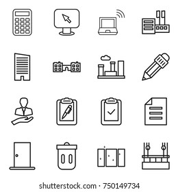 thin line icon set : calculator, monitor arrow, notebook wireless, store, skyscraper, school, city, pencil, client, clipboard pen, check, document, door, trash bin, clean window