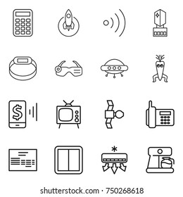 thin line icon set : calculator, rocket, wireless, crystall memory, smart bracelet, glasses, ufo, dna modify, mobile pay, tv, satellite, phone, invoice, power switch, air conditioning, coffee maker