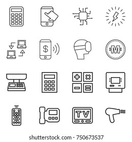 thin line icon set : calculator, touch, chip, lightning, notebook connect, phone pay, virtual mask, crypto currency, market scales, atm, remote control, intercome, tv, hair dryer