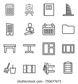 thin line icon set : calculator, presentation, copybook, skyscraper, client, calendar, documents, table, window, bucket and broom, clean, skyscrapers cleaning, clipboard list