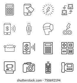 thin line icon set : calculator, touch, lightning, notebook connect, phone pay, smart watch, virtual mask, infinity power, electrostatic, mobile, atm, camera, remote control, intercome