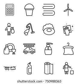 thin line icon set : calculator, bucket, towel, windmill, trash, vacuum cleaner, soap, wiping, dish cleanser, car wash, liquid, hanger, drying clothe, toilet, paper, garbage bin