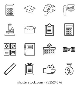 thin line icon set : calculator, graduate hat, brain, presentation, microscope, electrostatic, clipboard, copybook, university, school, ruler, acid, chemical