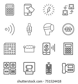 thin line icon set : calculator, touch, lightning, notebook connect, wireless, smart watch, virtual mask, crypto currency, cpu, electrostatic, mobile pay, atm, remote control, intercome