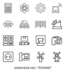 thin line icon set : calculator, atom, round around, notebook wireless, ufo, lunar rover, bar code, cashbox, transporter tape, atm, camera, power socket, intercome, windmill