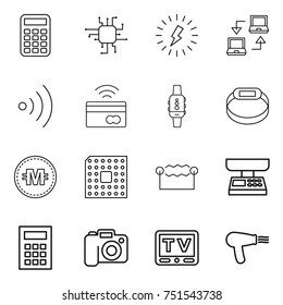 thin line icon set : calculator, chip, lightning, notebook connect, wireless, tap to pay, smart watch, bracelet, crypto currency, cpu, electrostatic, market scales, camera, tv, hair dryer