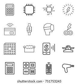 thin line icon set : calculator, chip, lightning, tap to pay, smart watch, virtual mask, infinity power, cpu, electrostatic, mobile, scales, remote control, hair dryer
