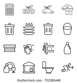 thin line icon set : calculator, bio, eco car, factory filter, bin, plate washing, trash, bucket, sponge, wiping, skyscrapers cleaning, cleanser, dish, utility room, toilet, vacuum cleaner
