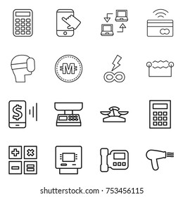 thin line icon set : calculator, touch, notebook connect, tap to pay, virtual mask, crypto currency, infinity power, electrostatic, mobile, market scales, atm, intercome, hair dryer