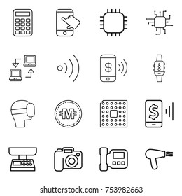 thin line icon set : calculator, touch, chip, notebook connect, wireless, phone pay, smart watch, virtual mask, crypto currency, cpu, mobile, market scales, camera, intercome, hair dryer