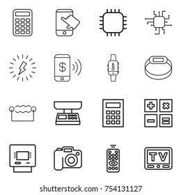 thin line icon set : calculator, touch, chip, lightning, phone pay, smart watch, bracelet, electrostatic, market scales, atm, camera, remote control, tv