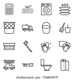 thin line icon set : calculator, bio, washing machine, plate, trash bin, sweeper, bucket, and broom, sponge, tooth brush, wiping, car wash, drying clothe, toilet, paper towel