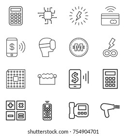 thin line icon set : calculator, chip, lightning, tap to pay, phone, virtual mask, crypto currency, infinity power, cpu, electrostatic, mobile, remote control, intercome, hair dryer