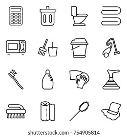 thin line icon set : calculator, bin, toilet, towel, microwave oven, bucket and broom, foam, vacuum cleaner, tooth brush, cleanser, wiping, plunger, paper, duster, floor washing