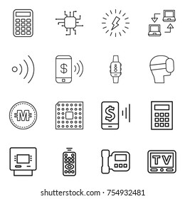 thin line icon set : calculator, chip, lightning, notebook connect, wireless, phone pay, smart watch, virtual mask, crypto currency, cpu, mobile, atm, remote control, intercome, tv