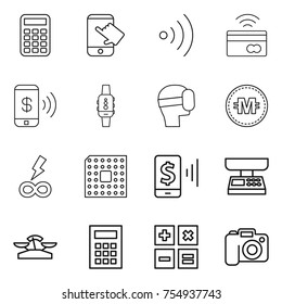 Thin Line Icon Set : Calculator, Touch, Wireless, Tap To Pay, Phone, Smart Watch, Virtual Mask, Crypto Currency, Infinity Power, Cpu, Mobile, Market Scales, Camera