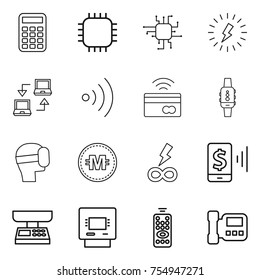 thin line icon set : calculator, chip, lightning, notebook connect, wireless, tap to pay, smart watch, virtual mask, crypto currency, infinity power, mobile, market scales, atm, remote control