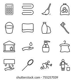 thin line icon set : calculator, towel, broom, garbage bag, bucket, sponge, shampoo, tooth brush, utility room, hand and drop, liquid soap, hanger, dryer, duster, vacuum cleaner, bin