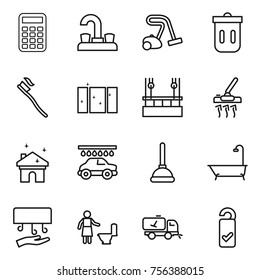 Thin line icon set : calculator, water tap, vacuum cleaner, trash bin, tooth brush, clean window, skysrcapers cleaning, house, car wash, plunger, bath, hand dryer, toilet, home call, please