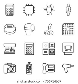 thin line icon set : calculator, chip, smart watch, bracelet, virtual mask, infinity power, cpu, market scales, atm, camera, remote control, intercome, hair dryer