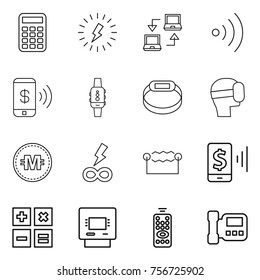 Thin line icon set : calculator, lightning, notebook connect, wireless, phone pay, smart watch, bracelet, virtual mask, crypto currency, infinity power, electrostatic, mobile, atm, remote control
