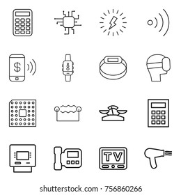 Thin line icon set : calculator, chip, lightning, wireless, phone pay, smart watch, bracelet, virtual mask, cpu, electrostatic, scales, atm, intercome, tv, hair dryer