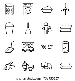 Thin line icon set : calculator, washing machine, windmill, bucket, broom, trash, sponge, scoop, car wash, drying clothe, cleanser powder, vacuum cleaner, toilet cleaning, home call, towel