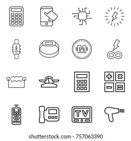 Thin line icon set : calculator, touch, chip, lightning, smart watch, bracelet, crypto currency, infinity power, electrostatic, scales, remote control, intercome, tv, hair dryer