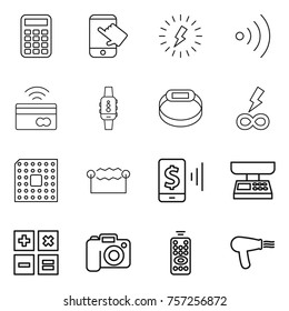 Thin line icon set : calculator, touch, lightning, wireless, tap to pay, smart watch, bracelet, infinity power, cpu, electrostatic, mobile, market scales, camera, remote control, hair dryer