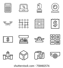 Thin line icon set : calculator, notebook, crystall memory, web cam, drone, chip, cpu, receipt, market scales, castle, 3d, camera, surveillance