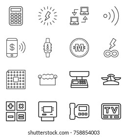 Thin line icon set : calculator, lightning, notebook connect, wireless, phone pay, smart watch, crypto currency, infinity power, cpu, electrostatic, market scales, atm, intercome, tv
