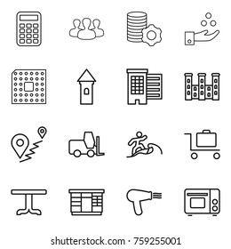 Thin line icon set : calculator, group, virtual mining, chemical industry, cpu, tower, houses, palace, route, fork loader, surfer, baggage trolley, table, wardrobe, hair dryer, grill oven