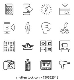 Thin line icon set : calculator, touch, lightning, tap to pay, phone, smart watch, virtual mask, infinity power, cpu, scales, atm, camera, remote control, tv, hair dryer