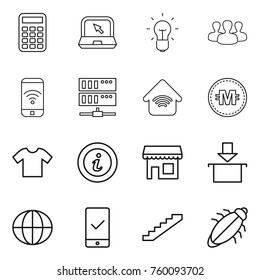 Thin line icon set : calculator, notebook, bulb, group, phone wireless, server, home, crypto currency, t shirt, info, shop, package, globe, mobile checking, stairs, bug