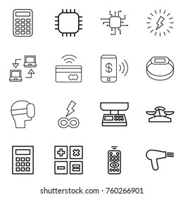 Thin line icon set : calculator, chip, lightning, notebook connect, tap to pay, phone, smart bracelet, virtual mask, infinity power, market scales, remote control, hair dryer