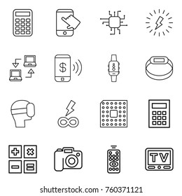 Thin line icon set : calculator, touch, chip, lightning, notebook connect, phone pay, smart watch, bracelet, virtual mask, infinity power, cpu, camera, remote control, tv
